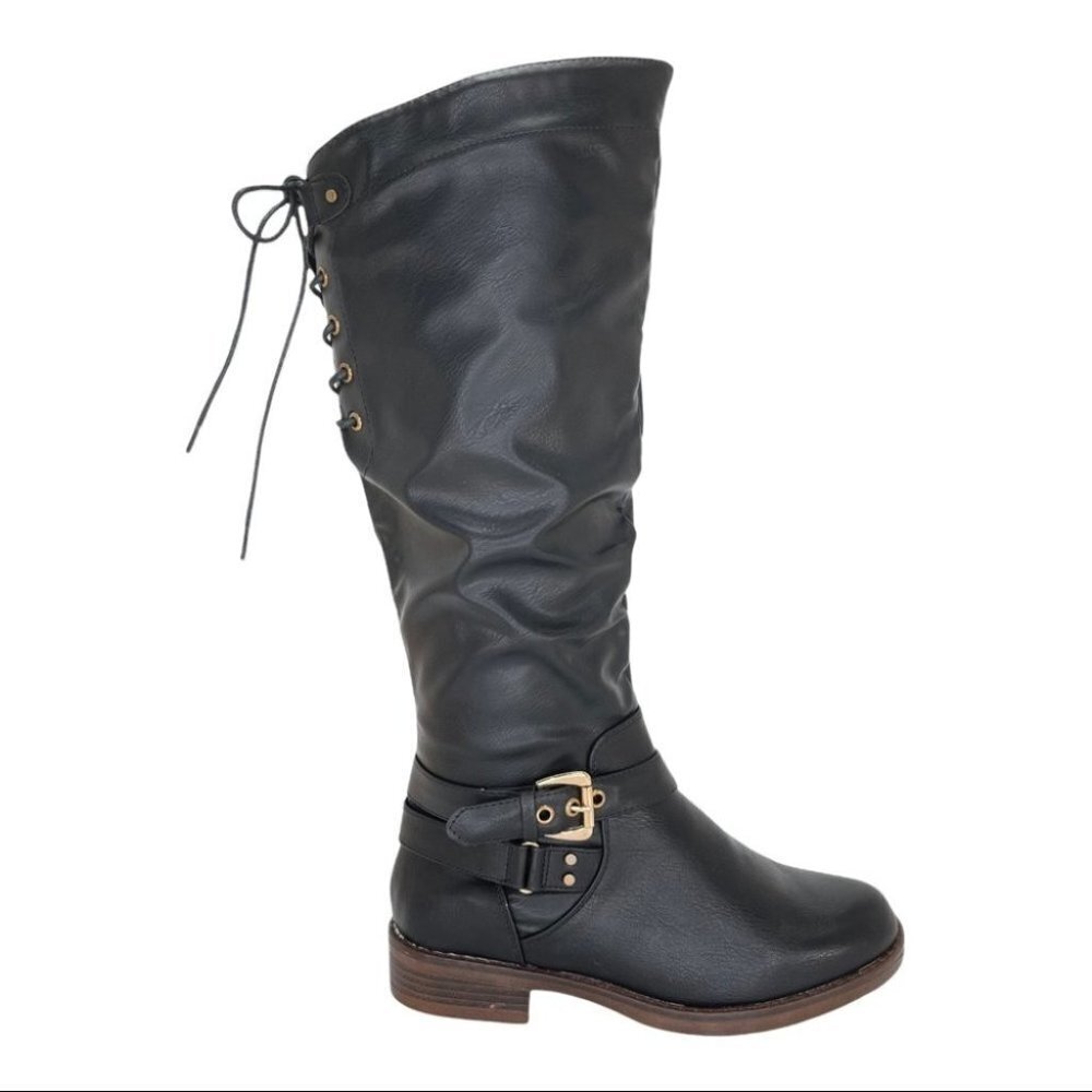 XOXO Montclair Black Faux Leather Tie Back Womens Knee High Boots Size 6M - Picture 2 of 16